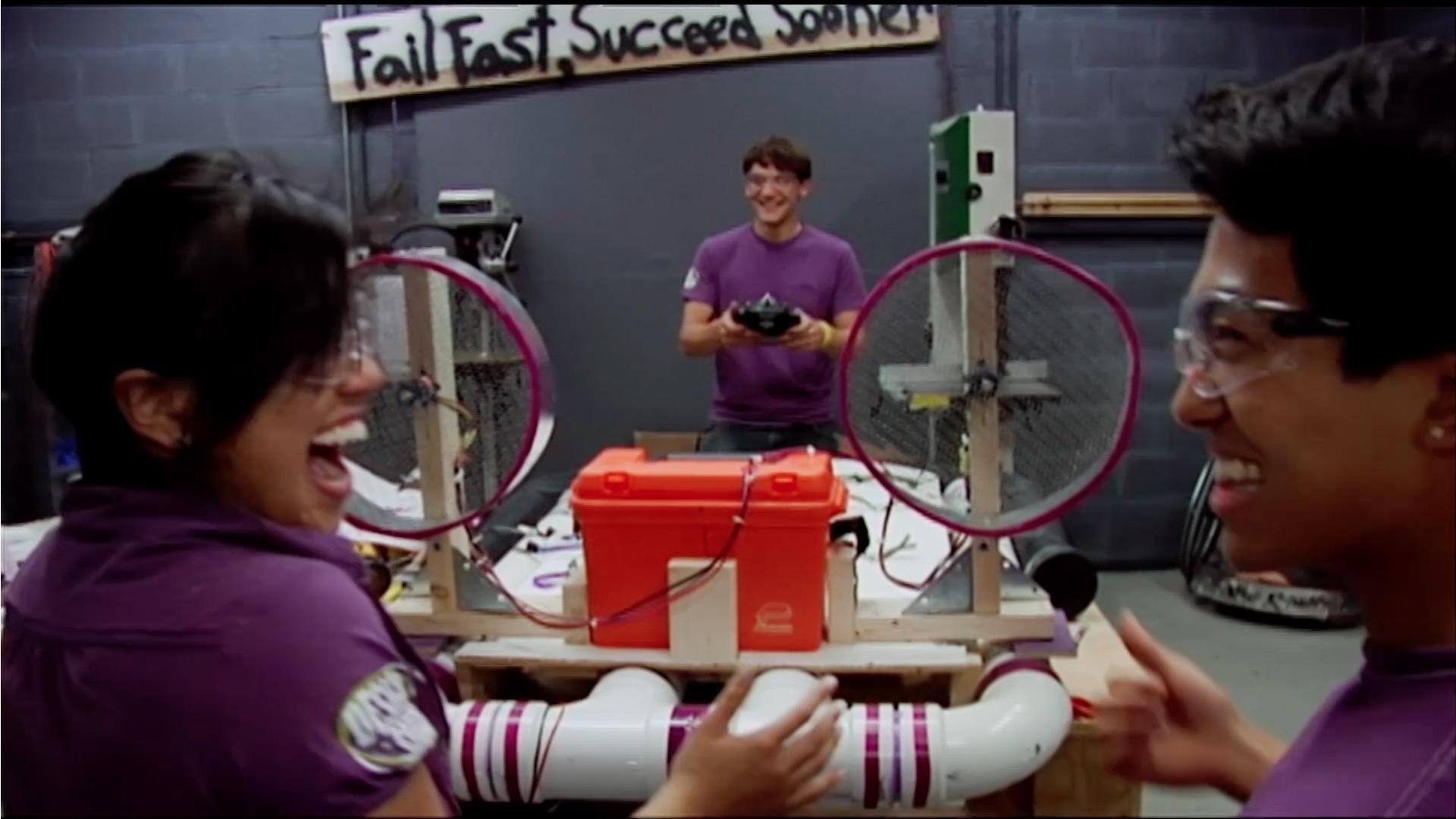 The Design Squads build remote-controlled, aquatic pet rescue vehicles.