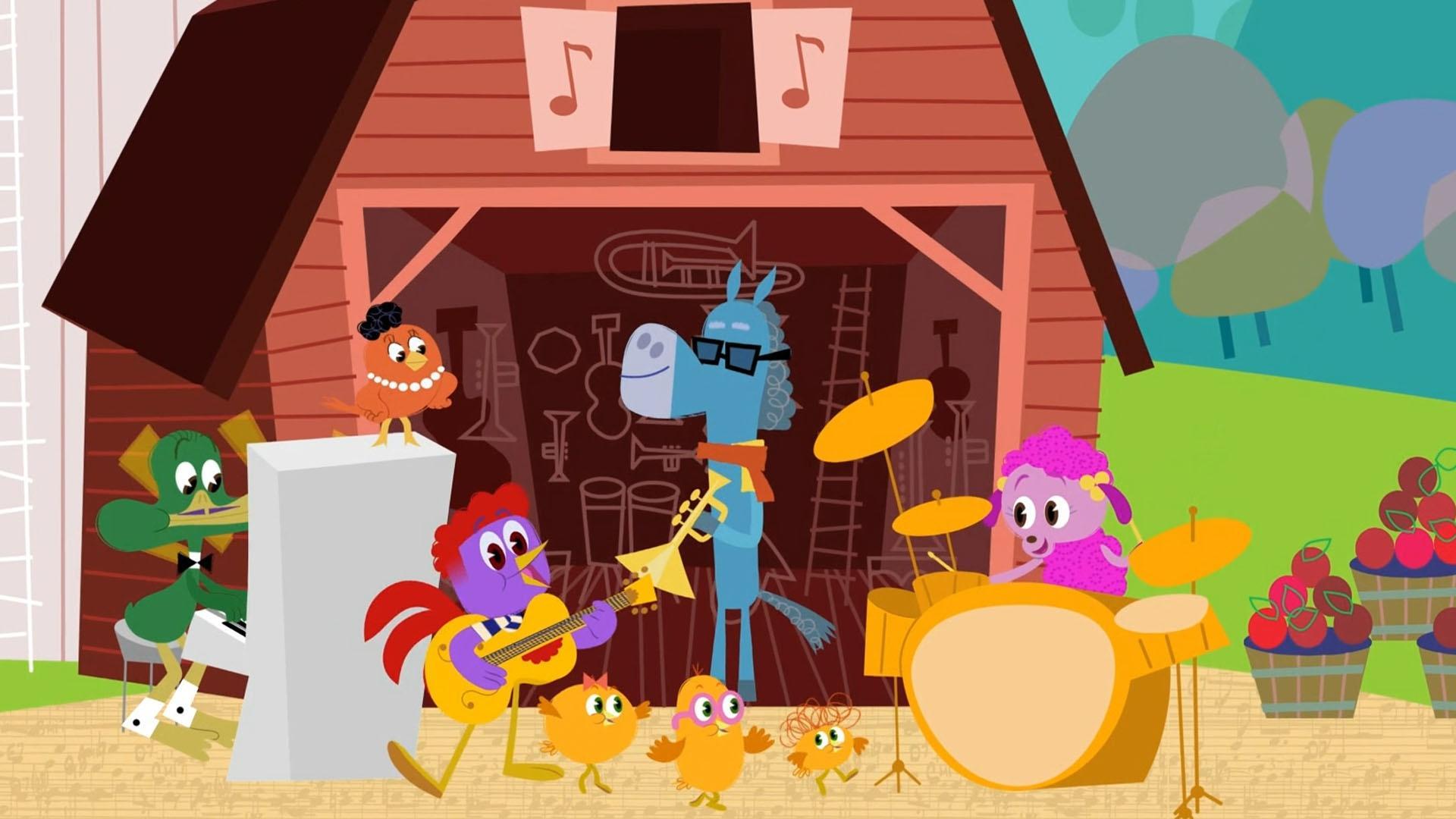 Rooster leads a jazzy version of "Old MacDonald" to introduce the Barnyard Band!