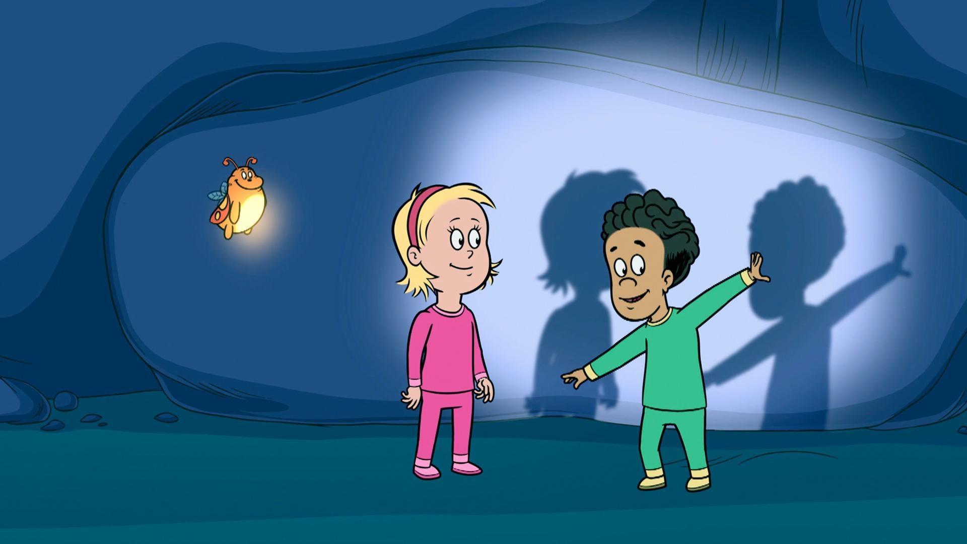 Nick gets startled by a shadow. /The kids learn how balls are made of different materials.