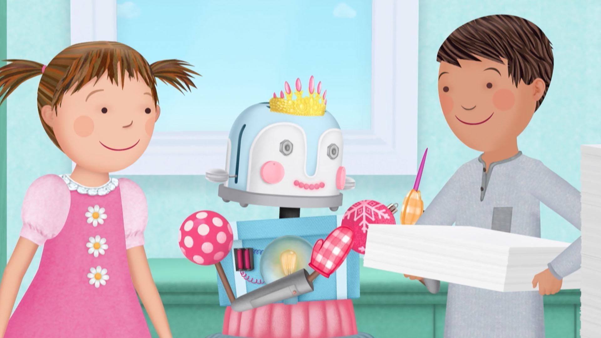 Pinkalicious collects spoons to make a wind chime.  / Robotta helps create new drawings.