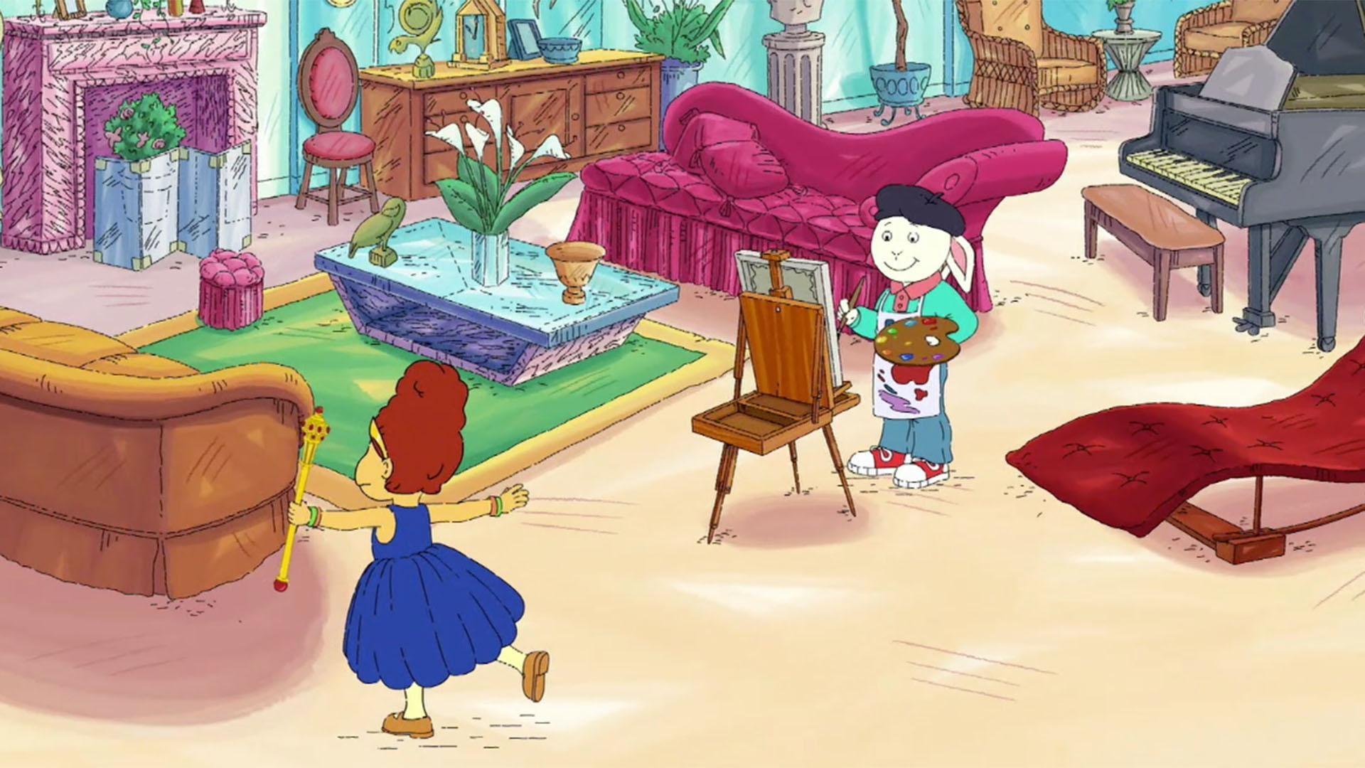 Muffy's family stars on a reality TV show. / Muffy hires Buster to paint her portrait.