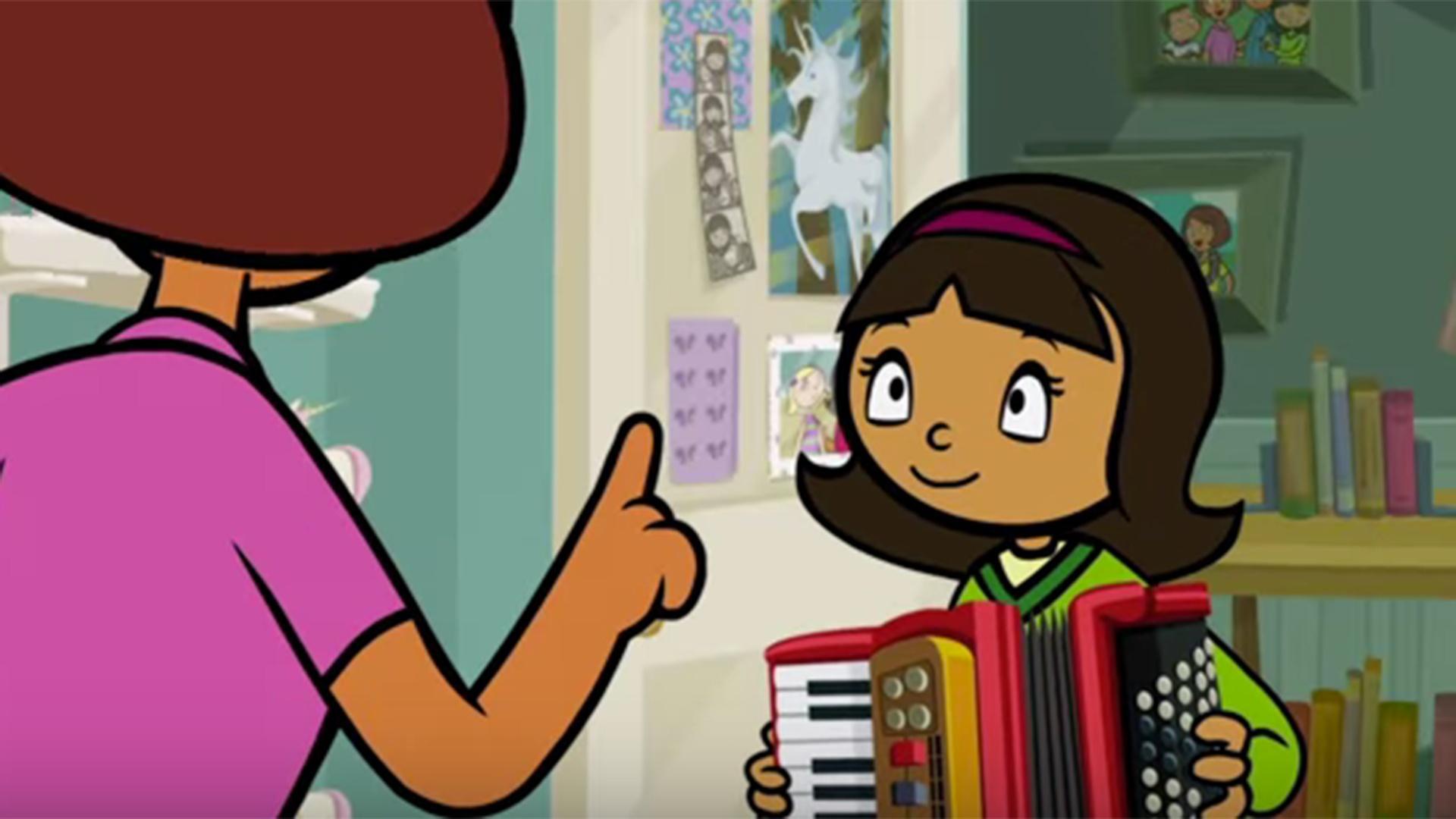 Becky inherits her mom's old accordion. / The Botsfords stumble across WordGirl’s hideout.