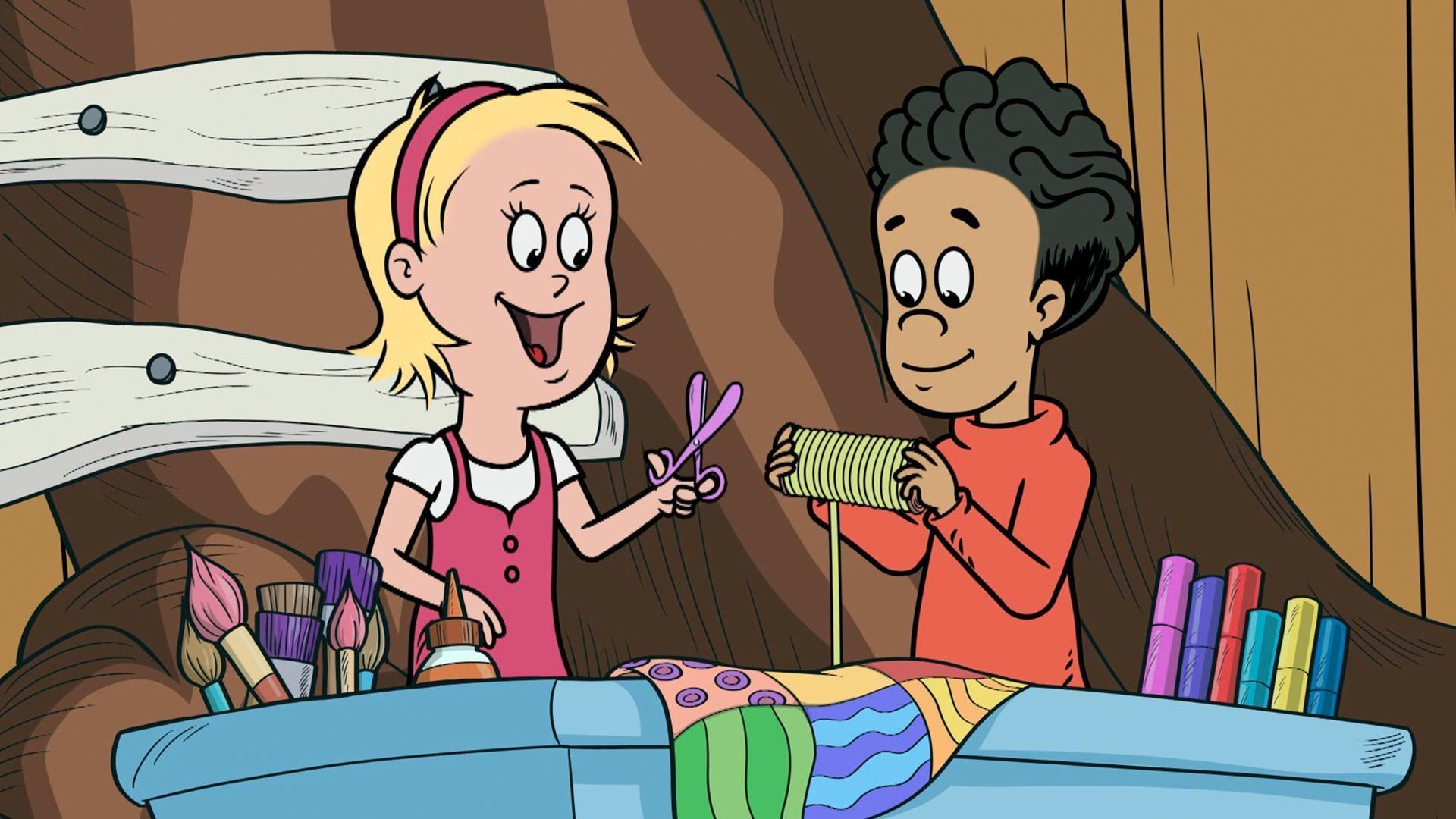 Nick and Sally need a piece of string. / The Cat takes Nick and Sally to a mirror world.