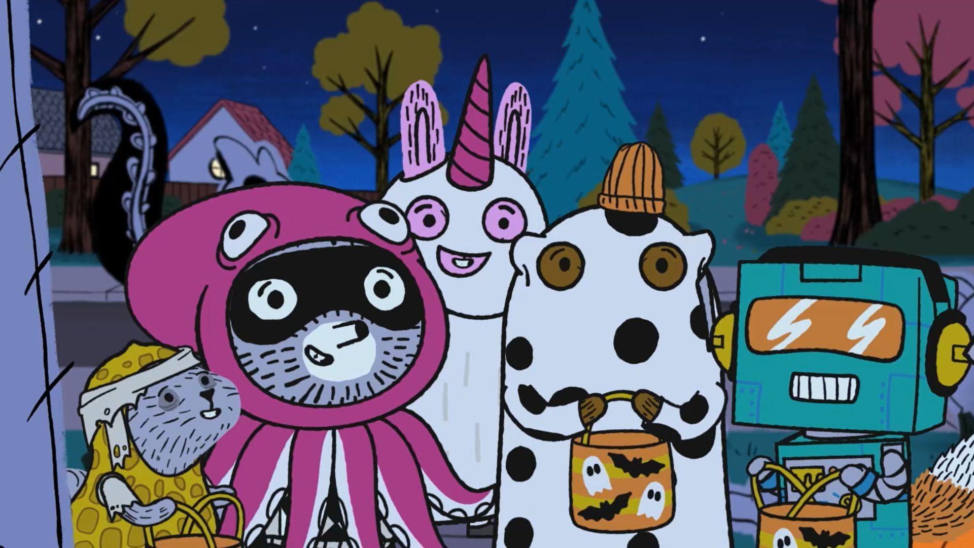 Carl’s excited to trick-or-treat with friends for candy wrappers to add to his collection!